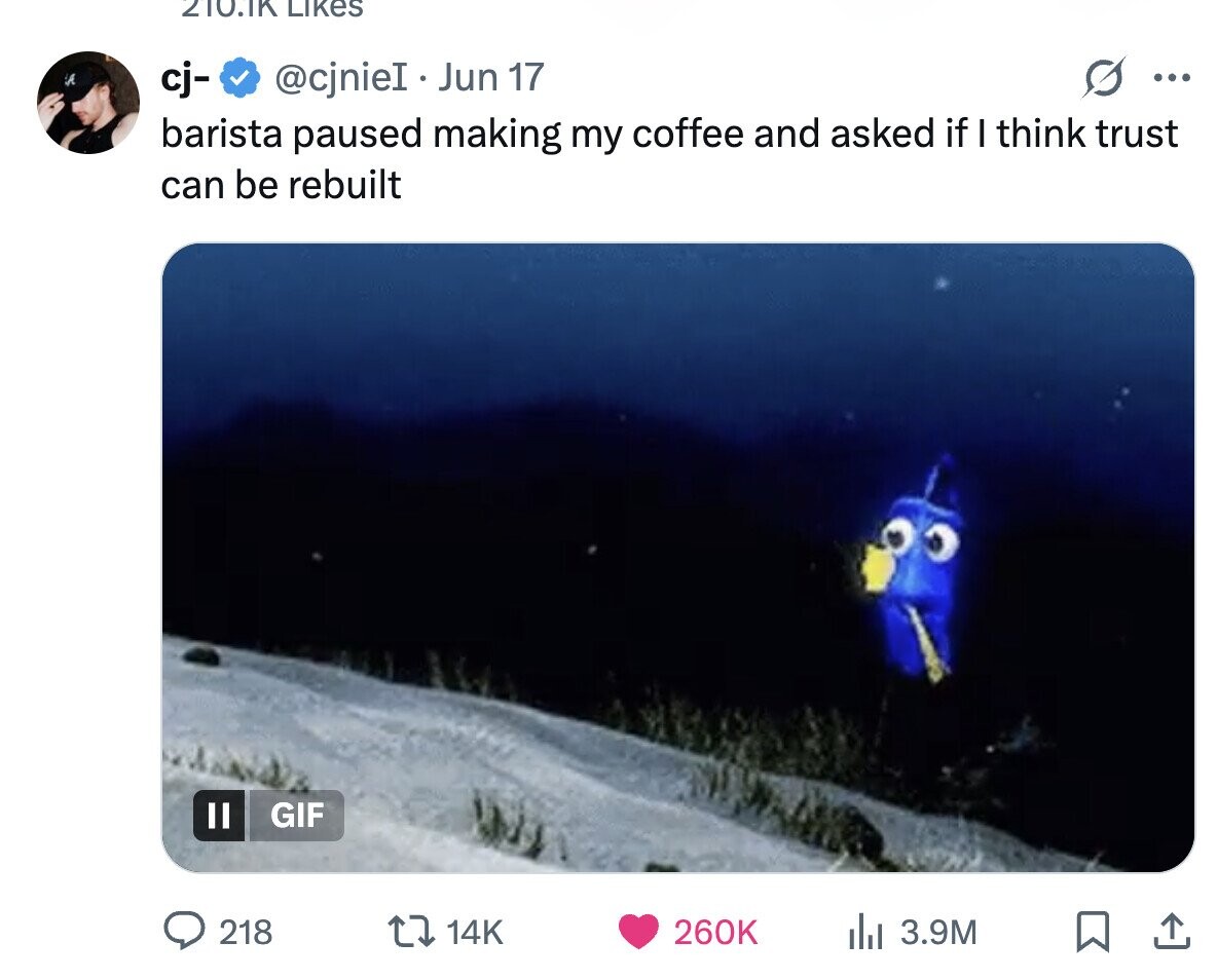 210.1K LIKES cj- @cjniel Jun 17 ... barista paused making my coffee and asked if I think trust can be rebuilt II GIF 218 14K 260K del 3.9M