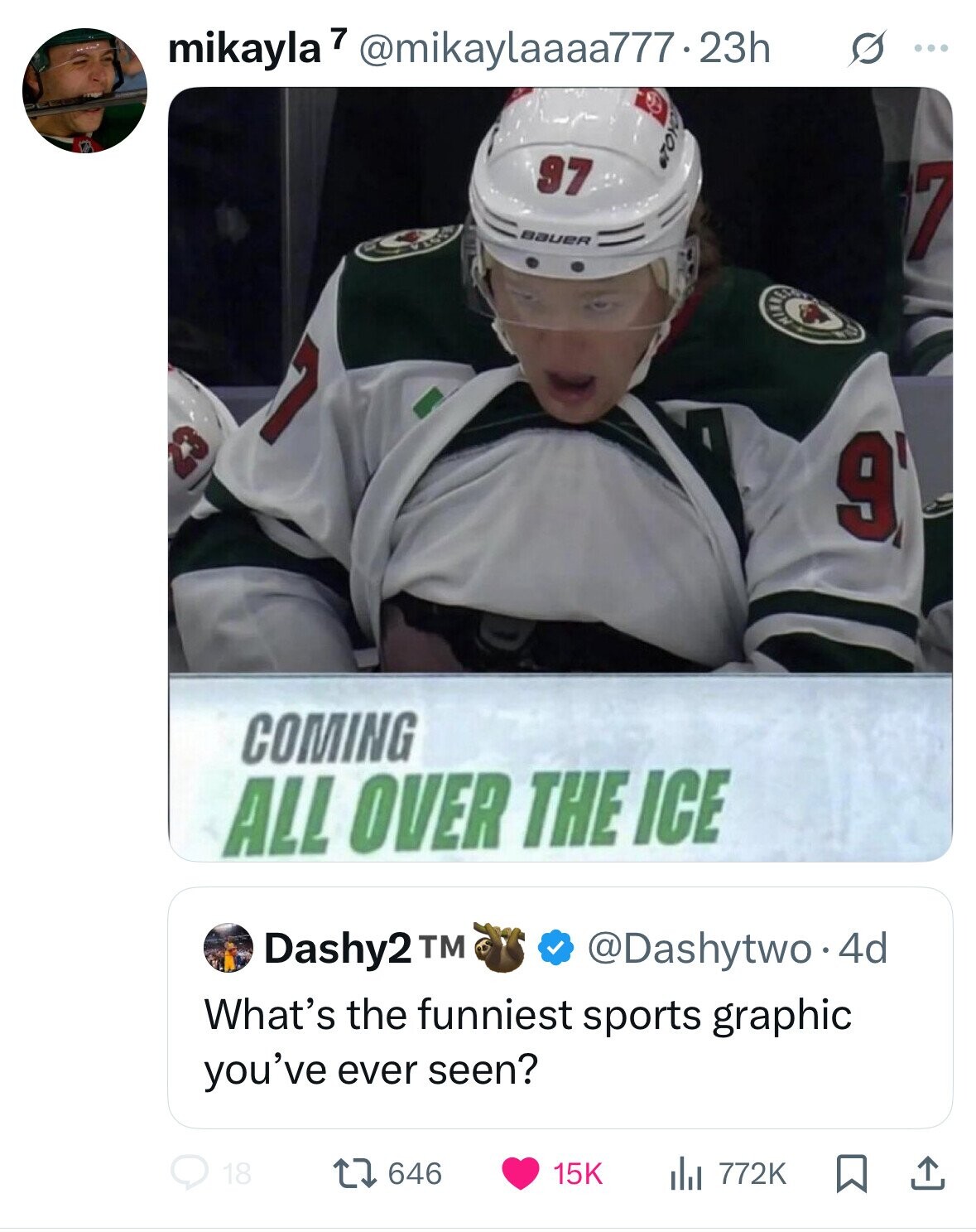 mikayla 7 @mikaylaaaa777.23h s ... 97 OTOYO BAUER and 7 MINNER WIL 2 9 COMING ALL OVER THE ICE Dashy2 TM @Dashytwo.4d What's the funniest sports graphic you've ever seen? 18 646 15K 772K 