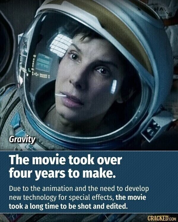 Gravity The movie took over four years to make. Due to the animation and the need to develop new technology for special effects, the movie took a long time to be shot and edited. CRACKED.COM