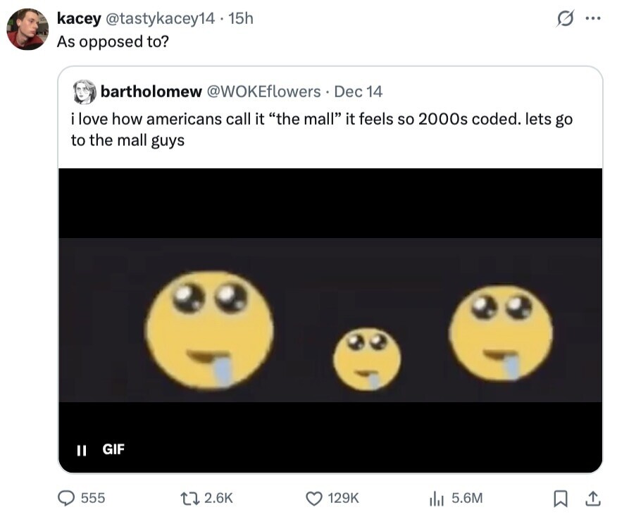 kacey @tastykacey14 15h ... As opposed to? bartholomew @WOKEflowers Dec 14 i love how americans call it the mall it feels so 2000s coded. lets go to the mall guys GIF II 555 2.6K 129K 5.6M