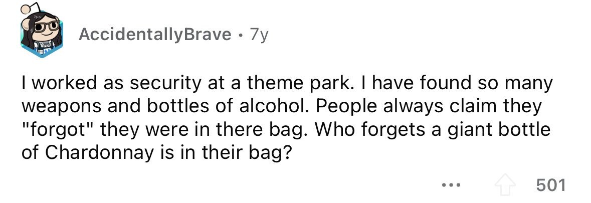 AccidentallyBrave . . 7y I worked as security at a theme park. I have found so many weapons and bottles of alcohol. People always claim they forgot they were in there bag. Who forgets a giant bottle of Chardonnay is in their bag? ... 501