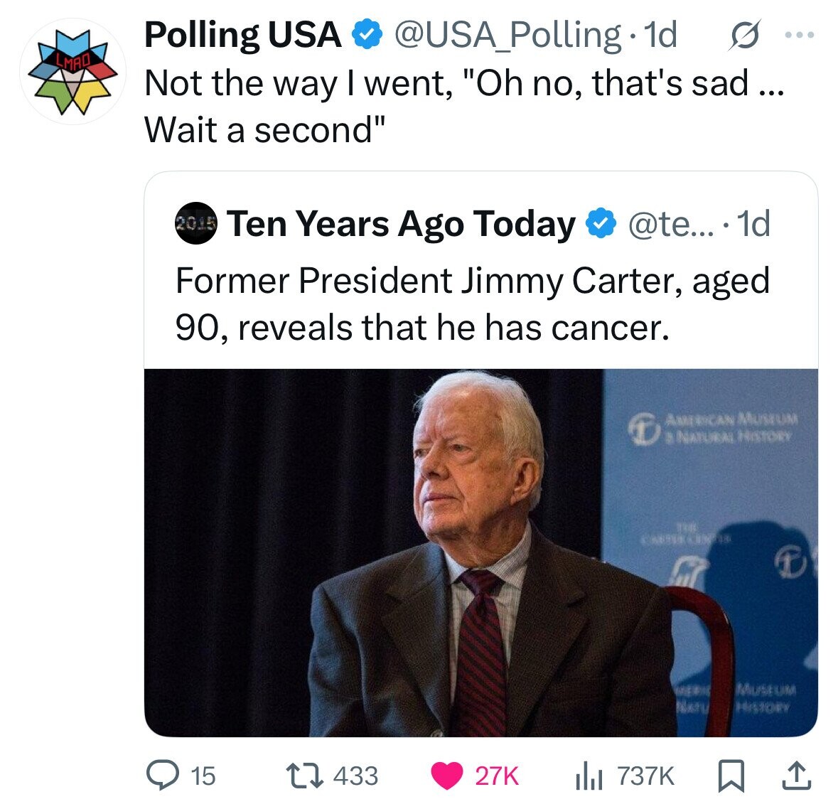 Polling USA @USA_Polling. 1d s ... LMAD Not the way I went, Oh no, that's sad... Wait a second 2015 Ten Years Ago Today @te... 1d Former President Jimmy Carter, aged 90, reveals that he has cancer. AMERICAN MUSEUM the NATURAL HISTORY SERVICE 0 MUSEUM NATU HISTORY 15 433 27K 737K 