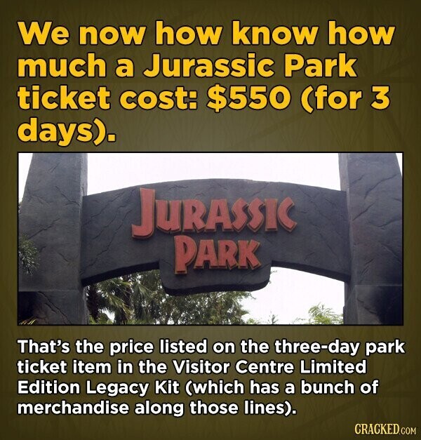 We now how know how much a Jurassic Park ticket cost: $550 (for 3 days). JURASSIC PARK That's the price listed on the three-day park ticket item in the Visitor Centre Limited Edition Legacy Kit (which has a bunch of merchandise along those lines). CRACKED.COM