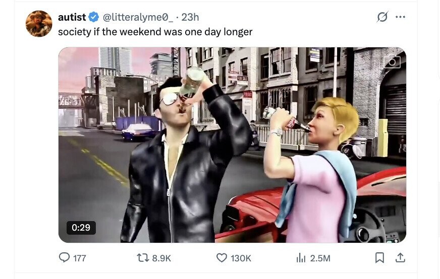 autist G @litteralyme0_ .23h ... society if the weekend was one day longer TOTEL 0:29 177 8.9K 130K del 2.5M 