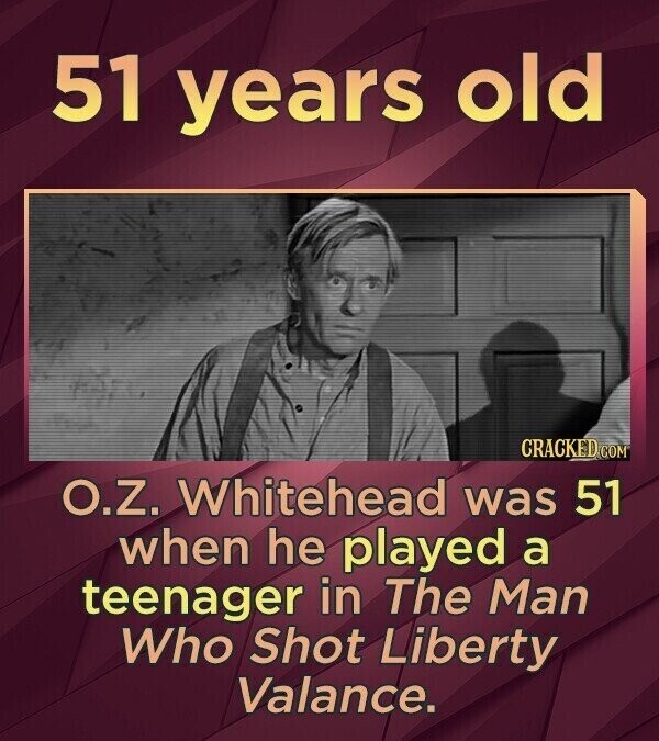 51 years old CRACKED COM O.Z. Whitehead was 51 when he played a teenager in The Man Who Shot Liberty Valance.