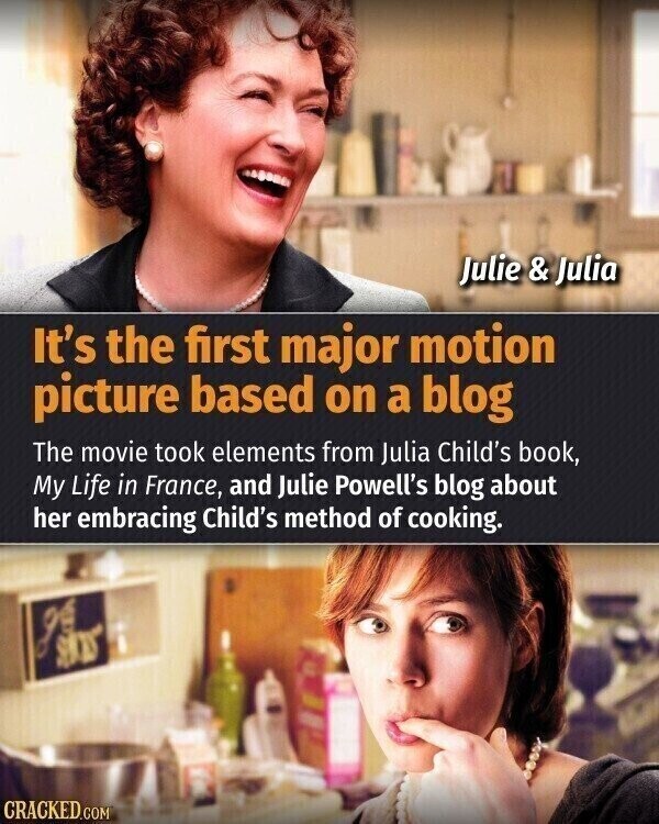 Julie & Julia It's the first major motion picture based on a blog The movie took elements from Julia Child's book, My Life in France, and Julie Powell's blog about her embracing Child's method of cooking. CRACKED.COM