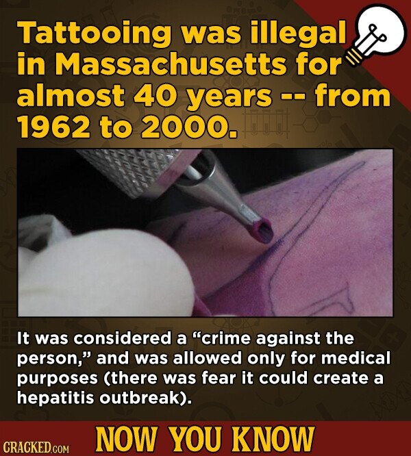 Tattooing was illegal in Massachusetts for almost 40 years - from 00 1962 to 2000. It was considered a crime against the person, and was allowed only for medical purposes (there was fear it could create a hepatitis outbreak). NOW YOU KNOW CRACKED.COM
