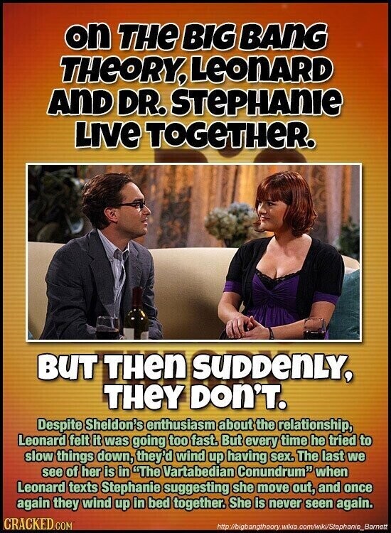 on THE BIG BANG THEORY, LEONARD AND DR. STEPHANIE Live TOGeTHeR. BUT THen SUDDENLY, THEY Don'T. Despite Sheldon's enthusiasm about the relationship, Leonard felt it was going too fast. But every time he tried to slow things down, they'd wind up having sex. The last we see of her is in The Vartabedian Conundrum when Leonard texts Stephanie suggesting she move out, and once again they wind up in bed together. She is never seen again. CRACKED.COM http //bigbangtheory wikia .com/wiki/Stephanie Barnett