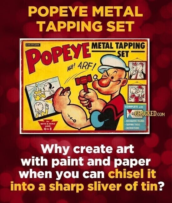 POPEYE METAL TAPPING SET CARLTON DANK METAL TAPPING POPEYE SET ARF! ARF! COMPLETE with - CRACKED.COM DECORATIVE FRAMES for BOYS & GIRLS TAPPING TOOLS AGES INSTRUCTIONS 4to 8 Why create art with paint and paper when you can chisel it into a sharp sliver of tin?
