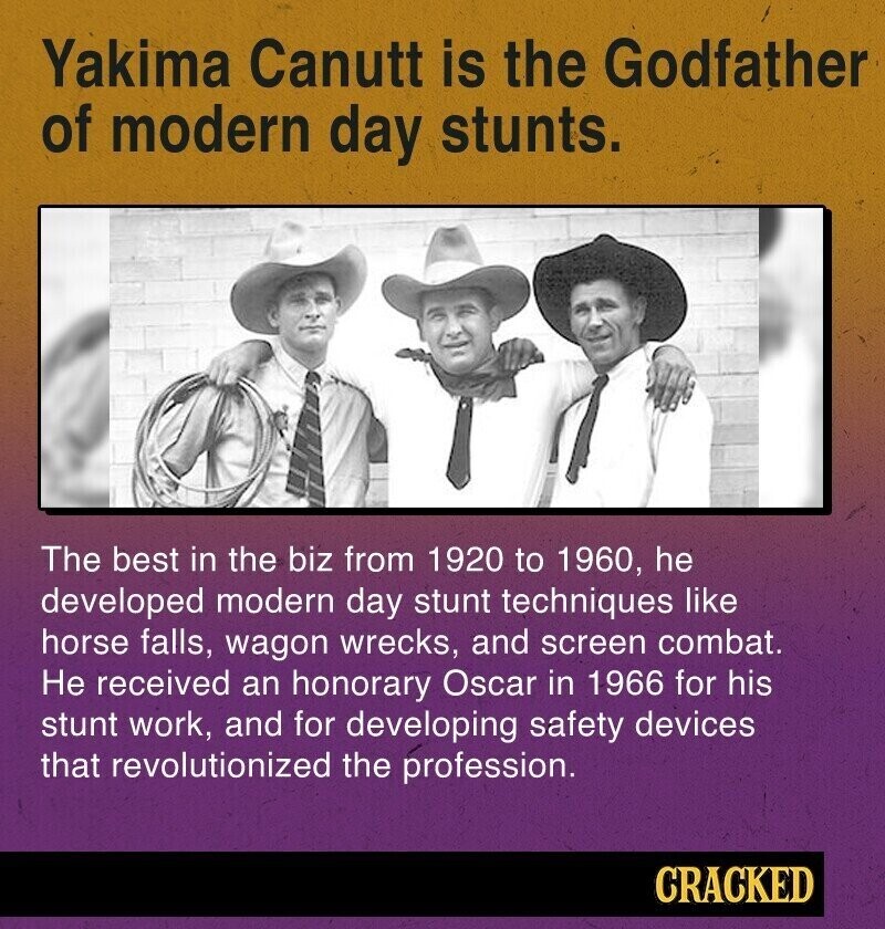 Yakima Canutt is the Godfather of modern day stunts. The best in the biz from 1920 to 1960, he developed modern day stunt techniques like horse falls, wagon wrecks, and screen combat. Не received an honorary Oscar in 1966 for his stunt work, and for developing safety devices that revolutionized the profession. CRACKED