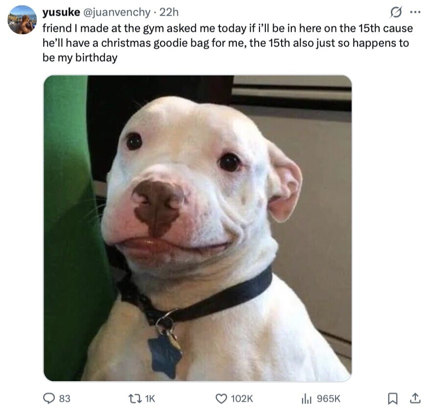 G ... yusuke @juanvenchy 22h friend I made at the gym asked me today if i'll be in here on the 15th cause he'll have a christmas goodie bag for me, the 15th also just so happens to be my birthday 83 1K t 102K 965K