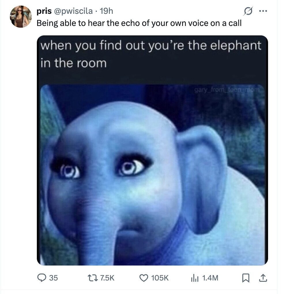 pris @pwiscila 19h ... Being able to hear the echo of your own voice on a call when you find out you're the elephant in the room gary_from_teenumom 35 7.5K 105K del 1.4M