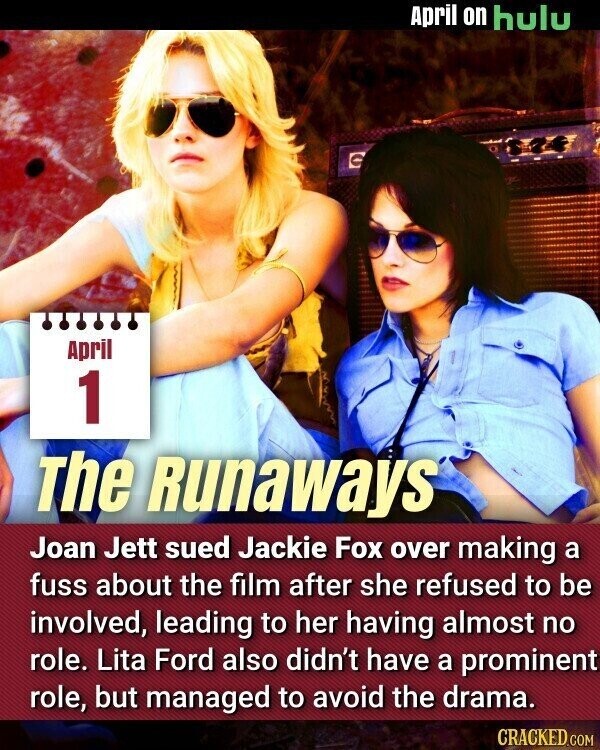 April on hulu April 1 The Runaways Joan Jett sued Jackie Fox over making a fuss about the film after she refused to be involved, leading to her having almost no role. Lita Ford also didn't have a prominent role, but managed to avoid the drama. CRACKED.COM