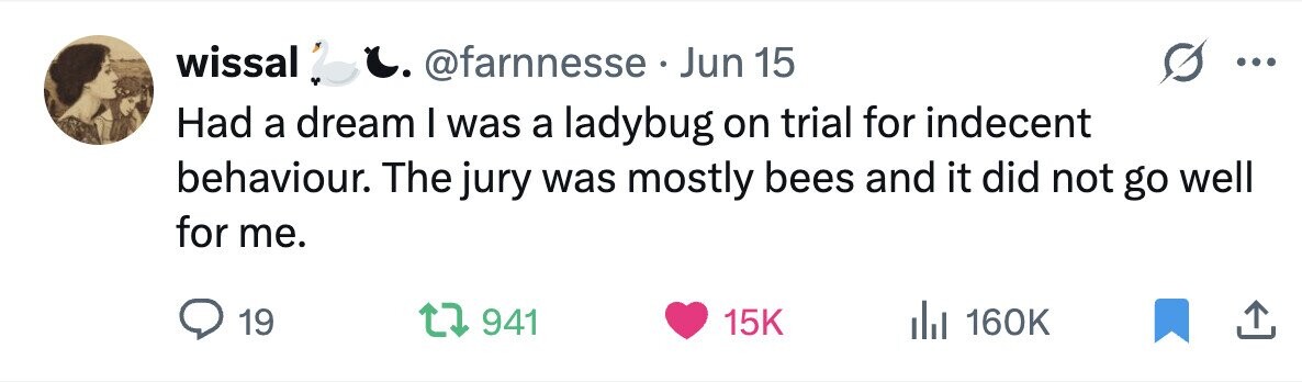 wissal' L. @farnnesse . Jun 15 ... Had a dream I was a ladybug on trial for indecent behaviour. The jury was mostly bees and it did not go well for me. 19 941 15K 160K