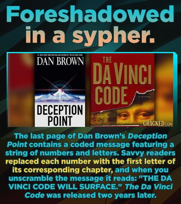 Foreshadowed in a sypher. t rY TIMESTESTSELLINS maN DAN BROWN THE DA VINCI CODE NOYE DECEPTION POINT The last page of Dan Brown's Deception Point contains a coded message featuring a string of numbers and letters. Savvy readers replaced each number with the first letter of its corresponding chapter,