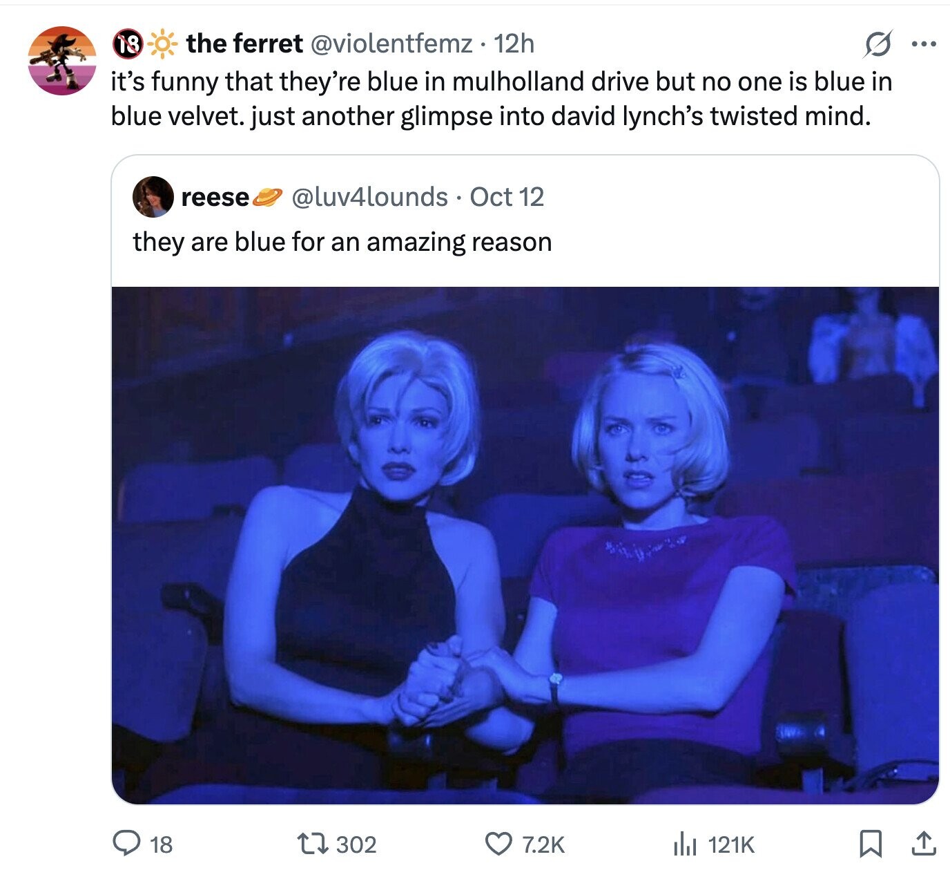 18 the ferret @violentfemz. 12h S ... it's funny that they're blue in mulholland drive but no one is blue in blue velvet. just another glimpse into david lynch's twisted mind. reese @luv4lounds Oct 12 they are blue for an amazing reason 18 302 7.2K 121K 