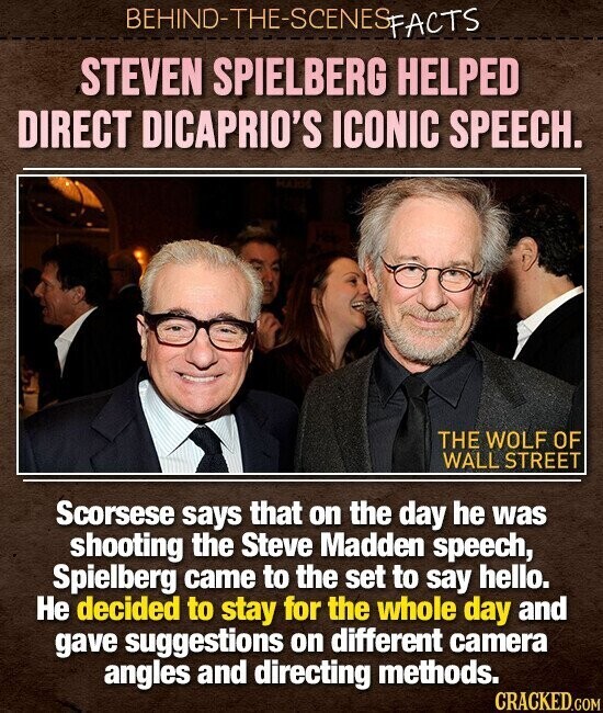 BEHIND-THE-SCENES FACTS STEVEN SPIELBERG HELPED DIRECT DICAPRIO'S ICONIC SPEECH. THE WOLF OF WALL STREET Scorsese says that on the day he was shooting the Steve Madden speech, Spielberg came to the set to say hello. Не decided to stay for the whole day and gave suggestions on different camera angles and directing methods. CRACKED.COM