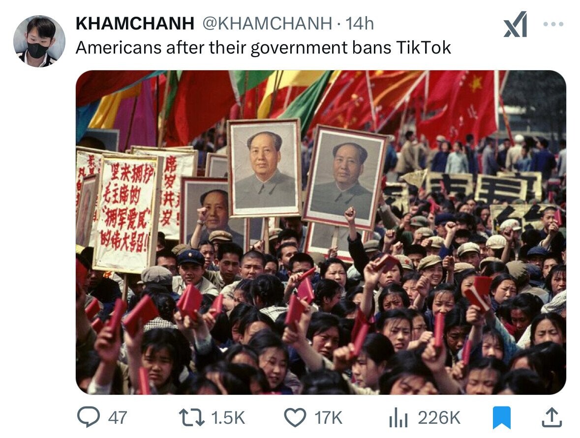 KHAMCHANH @KHAMCHANH 14h x ... Americans after their government bans TikTok A ! 47 1.5K 17K 226K