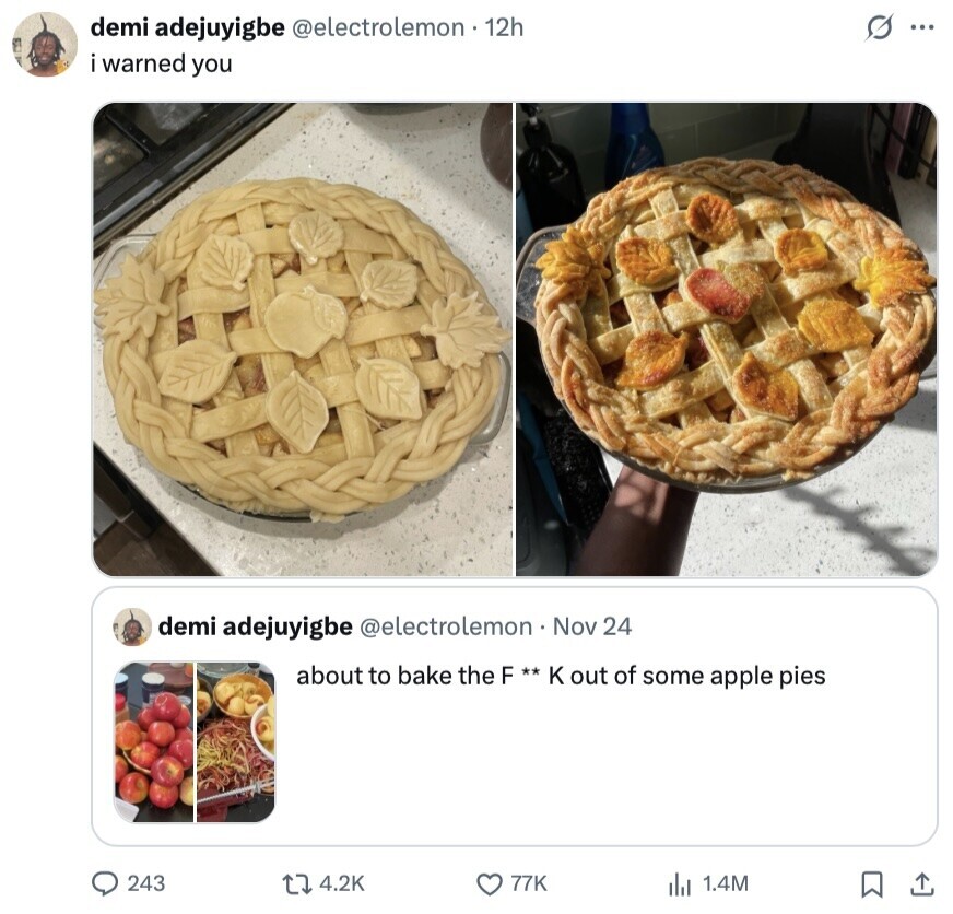 demi adejuyigbe @electrolemon - 12h s ... i warned you demi adejuyigbe @electrolemon nov 24 about to bake the F ** K out of some apple pies 243 4.2K 77K 1.4M 