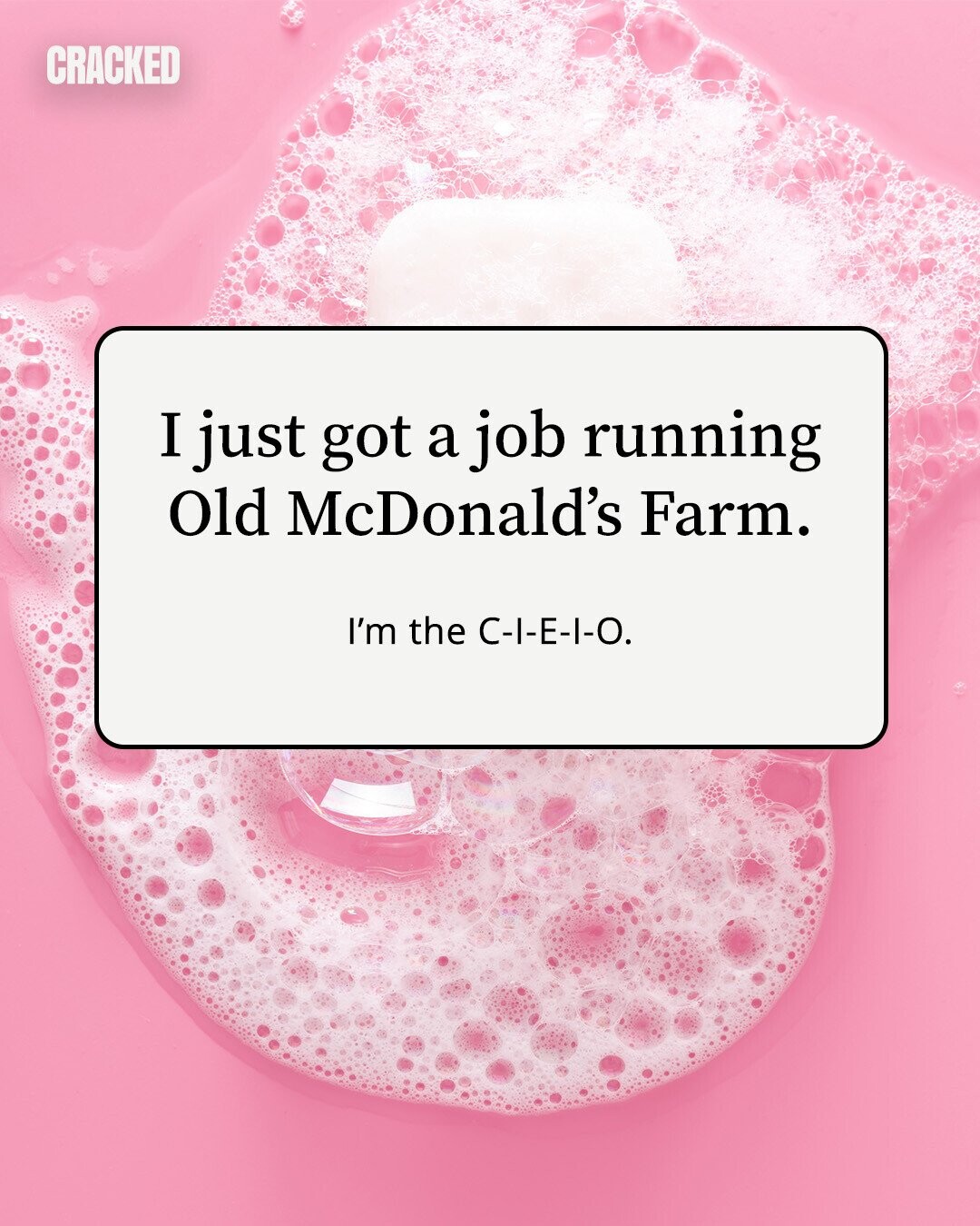 CRACKED I just got a job running Old McDonald's Farm. I'm the C-I-E-I-O. 