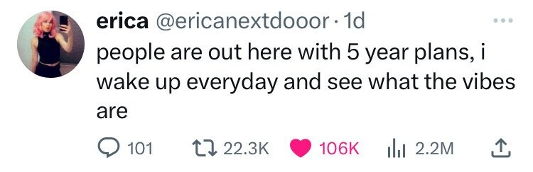 erica @ericanextdooor.1 1d ... people are out here with 5 year plans, i wake up everyday and see what the vibes are 101 22.3K 106K 2.2M 