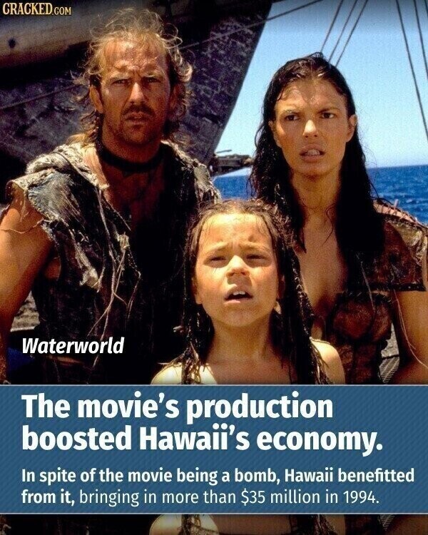 CRACKED.COM Waterworld The movie's production boosted Hawaii's economy. In spite of the movie being a bomb, Hawaii benefitted from it, bringing in more than $35 million in 1994.