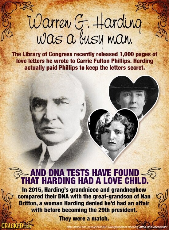 Warren G. Harding was a busy man. The Library of Congress recently released 1,000 pages of love letters he wrote to Carrie Fulton Phillips. Harding actually paid Phillips to keep the letters secret. AND DNA TESTS HAVE FOUND THAT HARDING HAD A LOVE CHILD. In 2015, Harding's grandniece and grandnephew compared their DNA with the great-grandson of Nan Britton, a woman Harding denied he'd had an affair with before becoming the 29th president. They were a match. CRACKED COM http //www cnn com/2015/08/14/us/president-harding-affair-dna-revelation/