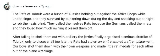 obscureferences 2y ago The Rats of Tobruk were a bunch of Aussies holding out against the Afrika Corps while under siege, and they survived by bunkering down during the day and sneaking out at night to rob the nazis blind. They called themselves Rats because the Germans called them rats and they loved how much owning it pissed them off. After failing to shell them out with artillery the jerries finally organised a serious airstrike of Tobruk, only to discover all too late the Rats had stolen an entire anti-aircraft emplacement. Our boys shot them down with their own weapons