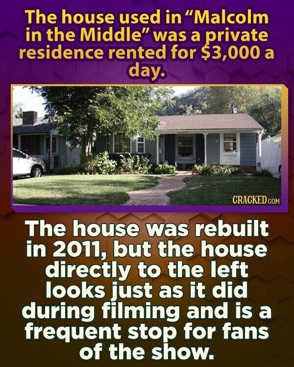 The house used in Malcolm in the Middle was a private residence rented for $3,000 a day. CRACKED.COM The house was rebuilt in 2011, but the house directly to the left looks just as it did during filming and is a frequent stop for fans of the show.