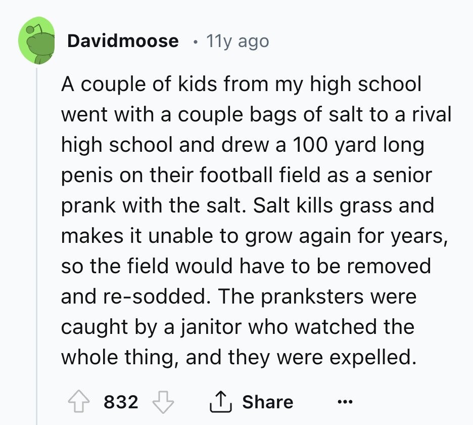 Davidmoose 11y ago A couple of kids from my high school went with a couple bags of salt to a rival high school and drew a 100 yard long penis on their football field as a senior prank with the salt. Salt kills grass and makes it unable to grow again for years, so the field would have to be removed and re-sodded. The pranksters were caught by a janitor who watched the whole thing, and they were expelled. 832 Share ... 