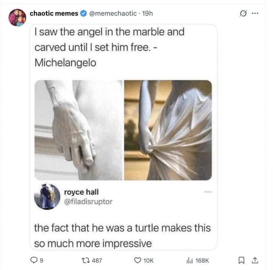 chaotic memes @memechaotic 19h G ... I saw the angel in the marble and carved until I set him free. - Michelangelo royce hall @filadisruptor the fact that he was a turtle makes this so much more impressive 9 487 10K 168K 