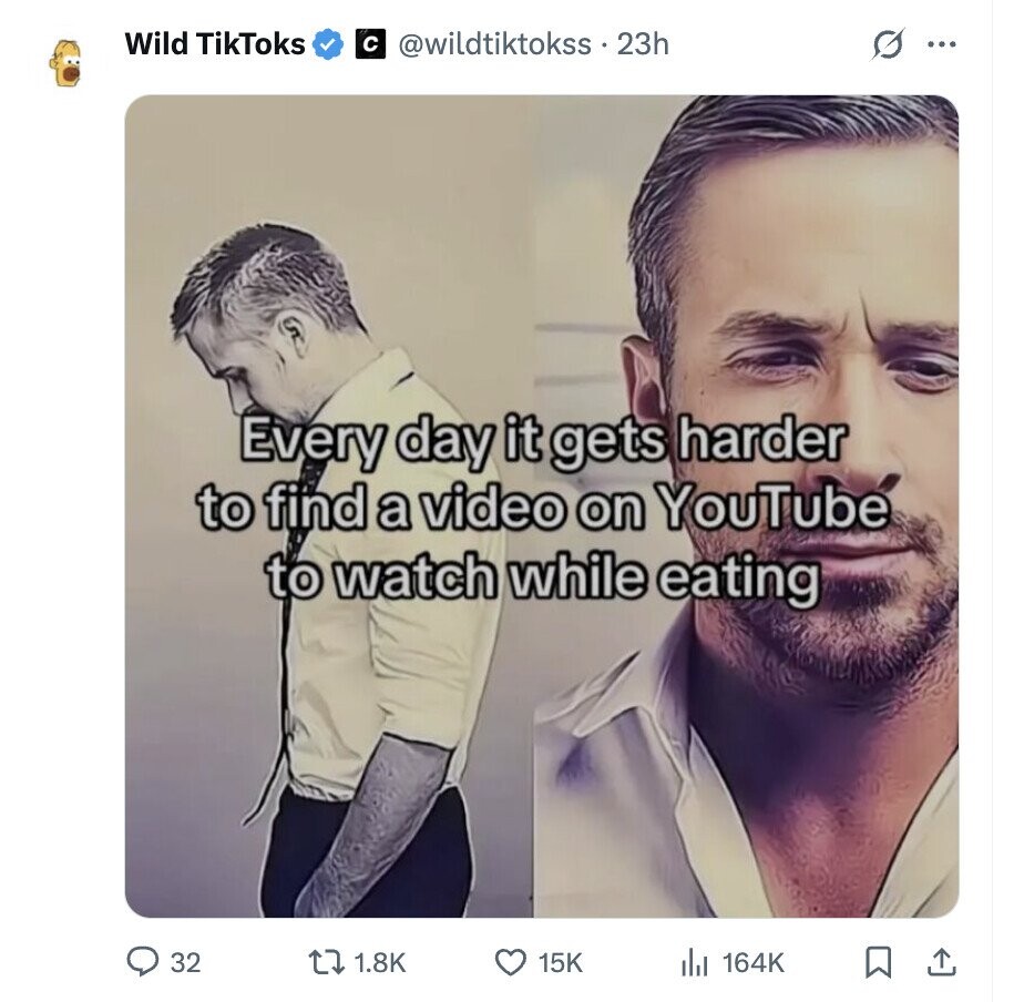 Wild TikToks с @wildtiktokss.23h G ... Every day it gets harder to find a video on YouTube to watch while eating 32 1.8K 15K 164K