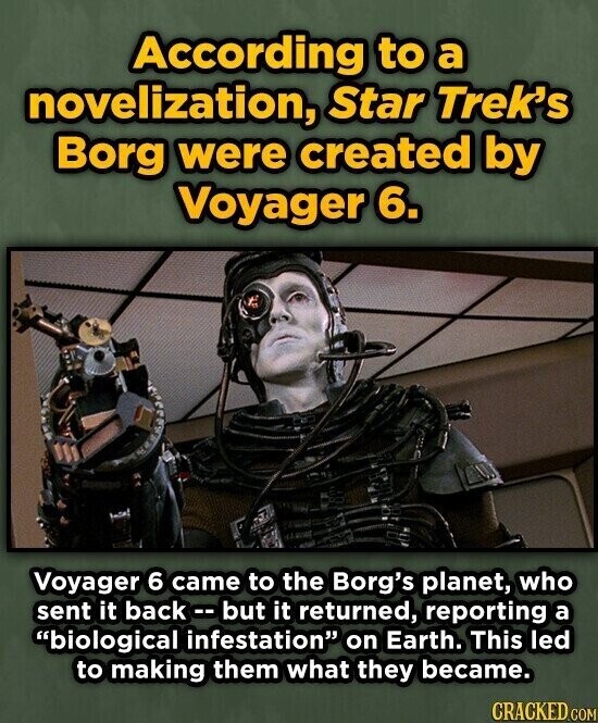 According to a novelization, Star Trek's Borg were created by Voyager 6. Voyager 6 came to the Borg's planet, who sent it back - but it returned, reporting a biological infestation on Earth. This led to making them what they became. CRACKED.COM