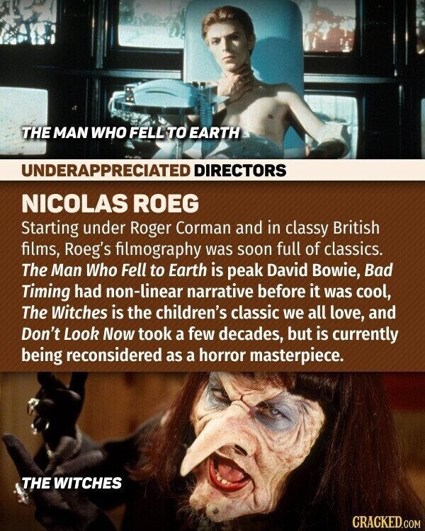 THE MAN WHO FELL TO EARTH UNDERAPPRECIATED DIRECTORS NICOLAS ROEG Starting under Roger Corman and in classy British films, Roeg's filmography was soon full of classics. The Man Who Fell to Earth is peak David Bowie, Bad Timing had non-linear narrative before it was cool, The Witches is the children's classic we all love, and Don't Look Now took a few decades, but is currently being reconsidered as a horror masterpiece. THE WITCHES CRACKED.COM