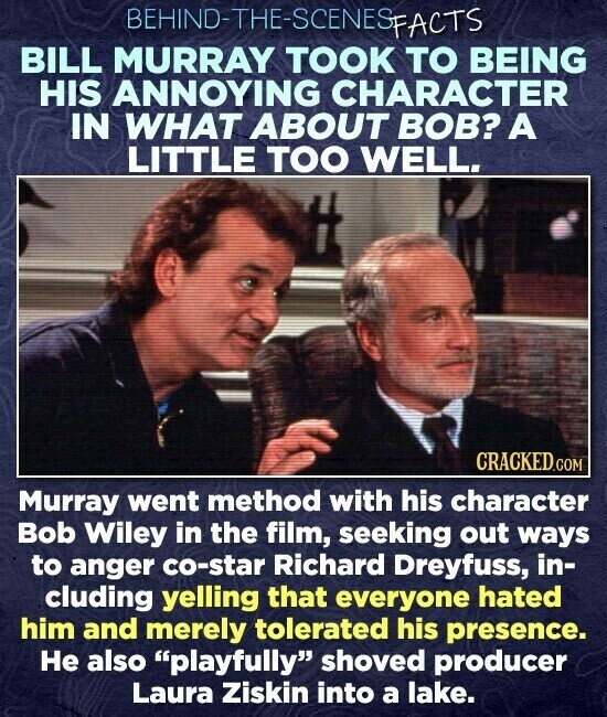BILL MURRAY TOOK TO BEING HIS ANNOYING CHARACTER IN WHAT ABOUT BOB? A LITTLE TOO WELL. CRACKED.COM Murray went method with his character Bob Wiley in the film, seeking out ways to anger co-star Richard Dreyfuss, in- cluding yelling that everyone hated him and merely tolerated his presence. Не also playfully shoved producer Laura Ziskin into a lake.