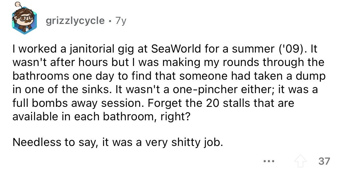 grizzlycycle . 7y I worked a janitorial gig at SeaWorld for a summer ('09). It wasn't after hours but I was making my rounds through the bathrooms one day to find that someone had taken a dump in one of the sinks. It wasn't a one-pincher either; it was a full bombs away session. Forget the 20 stalls that are available in each bathroom, right? Needless to say, it was a very shitty job. ... 37