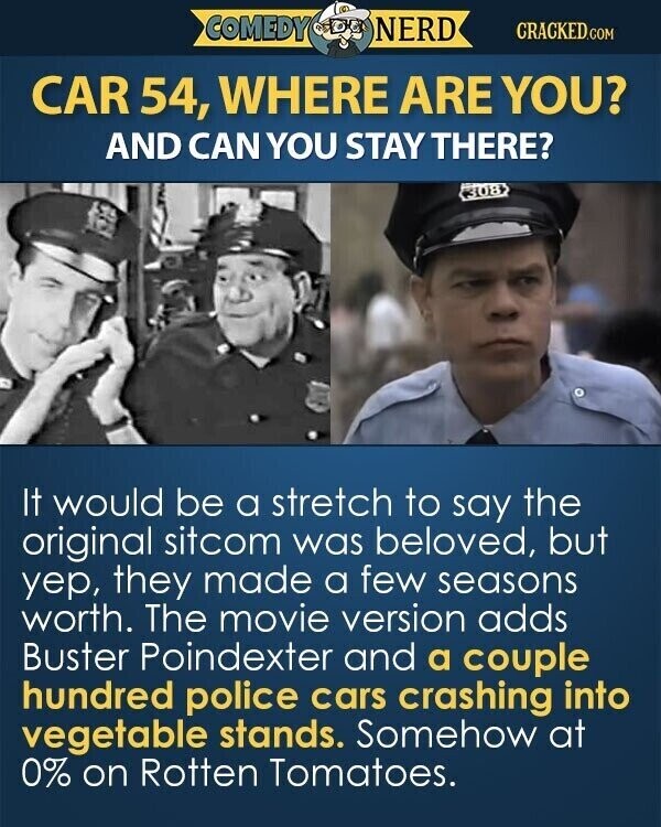 COMEDY NERD CRACKED.COM CAR 54, WHERE ARE YOU? AND CAN YOU STAY THERE? 308 It would be a stretch to say the original sitcom was beloved, but yep, they made a few seasons worth. The movie version adds Buster Poindexter and a couple hundred police cars crashing into vegetable stands. Somehow at 0% on Rotten Tomatoes.