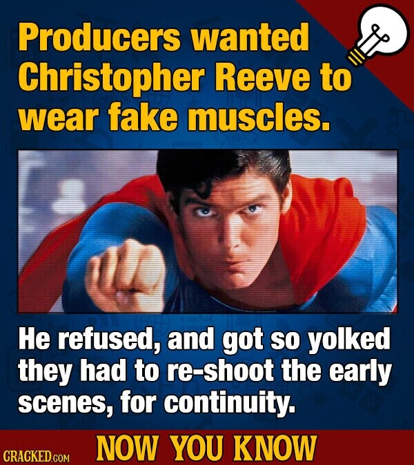 Producers wanted Christopher Reeve to wear fake muscles. Не refused, and got so yolked they had to re-shoot the early scenes, for continuity. NOW YOU KNOW CRACKED.COM