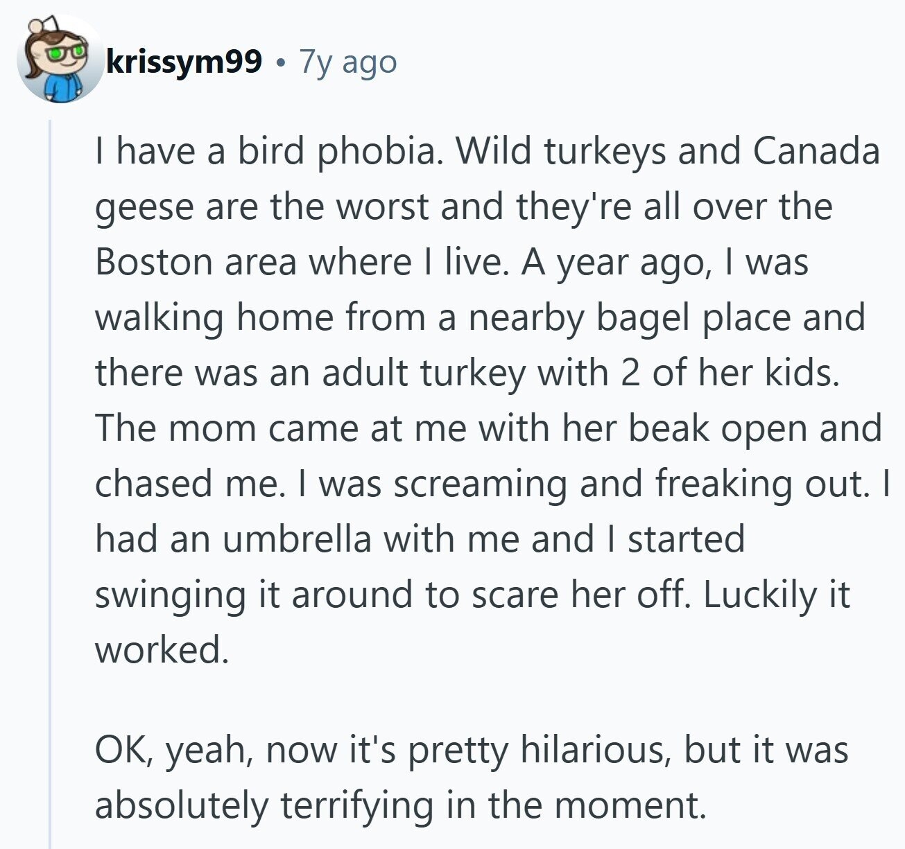 krissym99 7y ago I have a bird phobia. Wild turkeys and Canada geese are the worst and they're all over the Boston area where I live. A year ago, I was walking home from a nearby bagel place and there was an adult turkey with 2 of her kids. The mom came at me with her beak open and chased me. I was screaming and freaking out. I had an umbrella with me and I started swinging it around to scare her off. Luckily it worked. OK, yeah, now it's pretty hilarious, but it was absolutely terrifying in the moment.