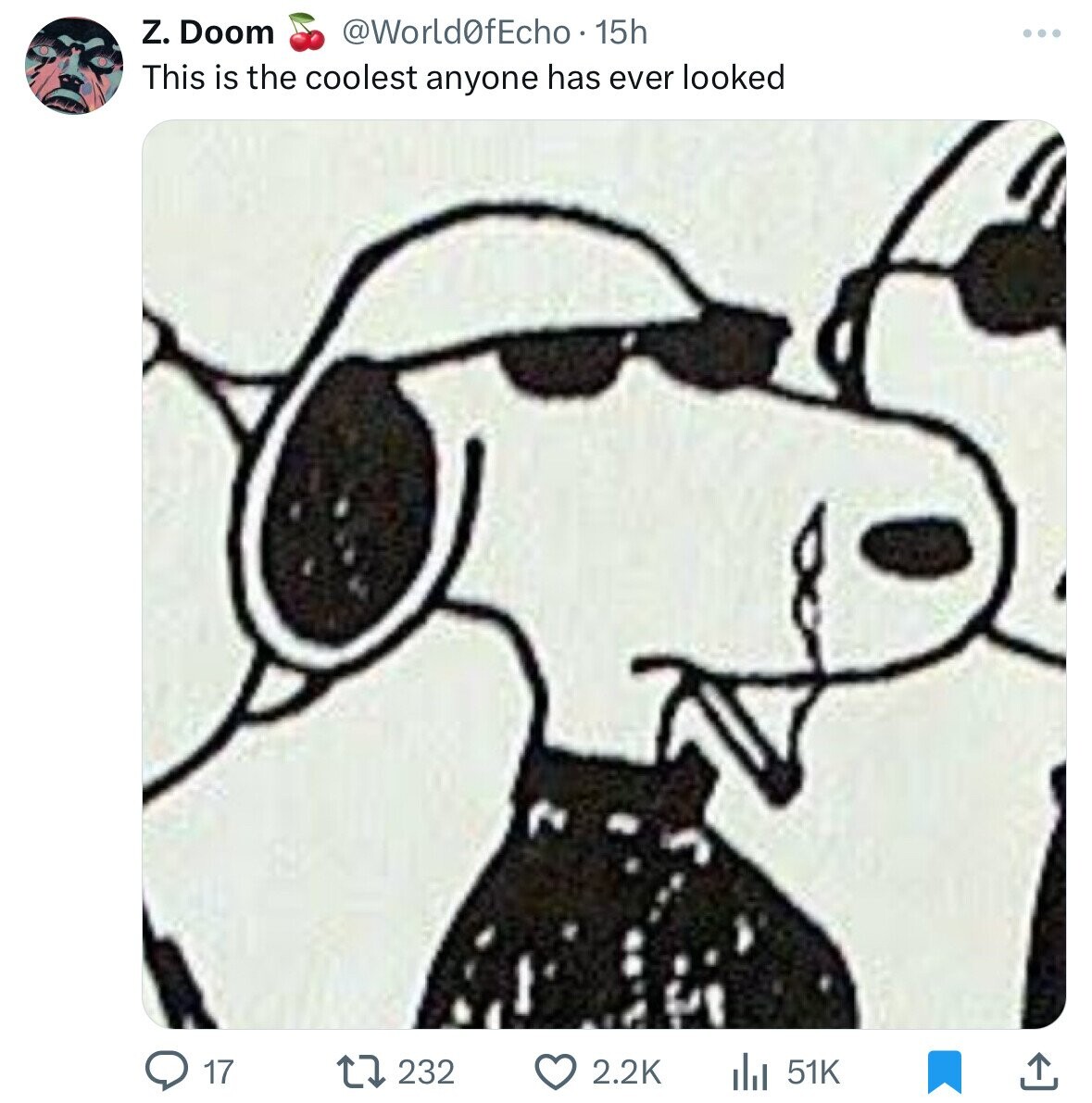 z. Doom @World0fEcho. 15h This is the coolest anyone has ever looked 232 2.2K 17 51K