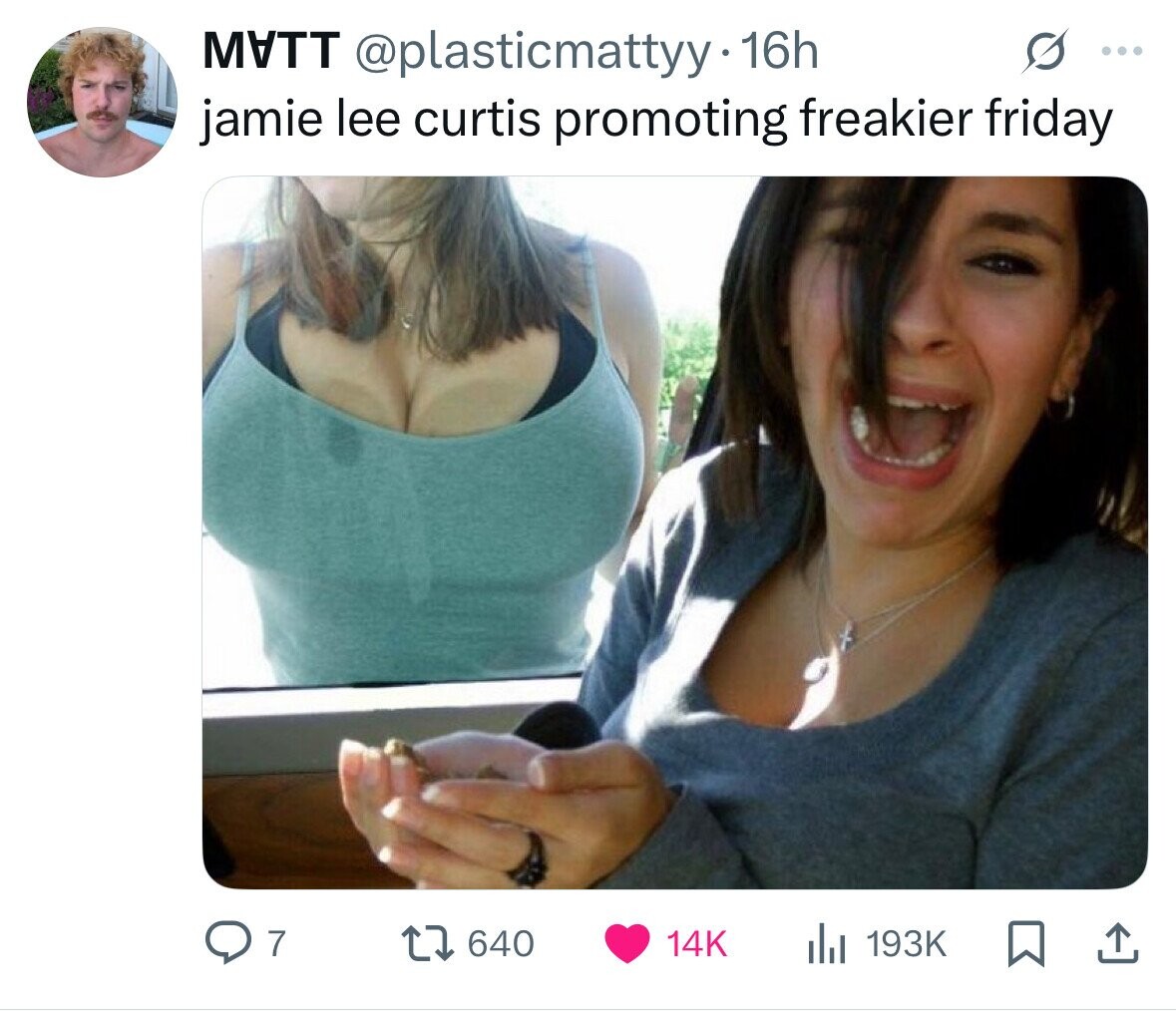 MATT @plasticmattyy· 16h ... jamie lee curtis promoting freakier friday 7 640 14K 193K 