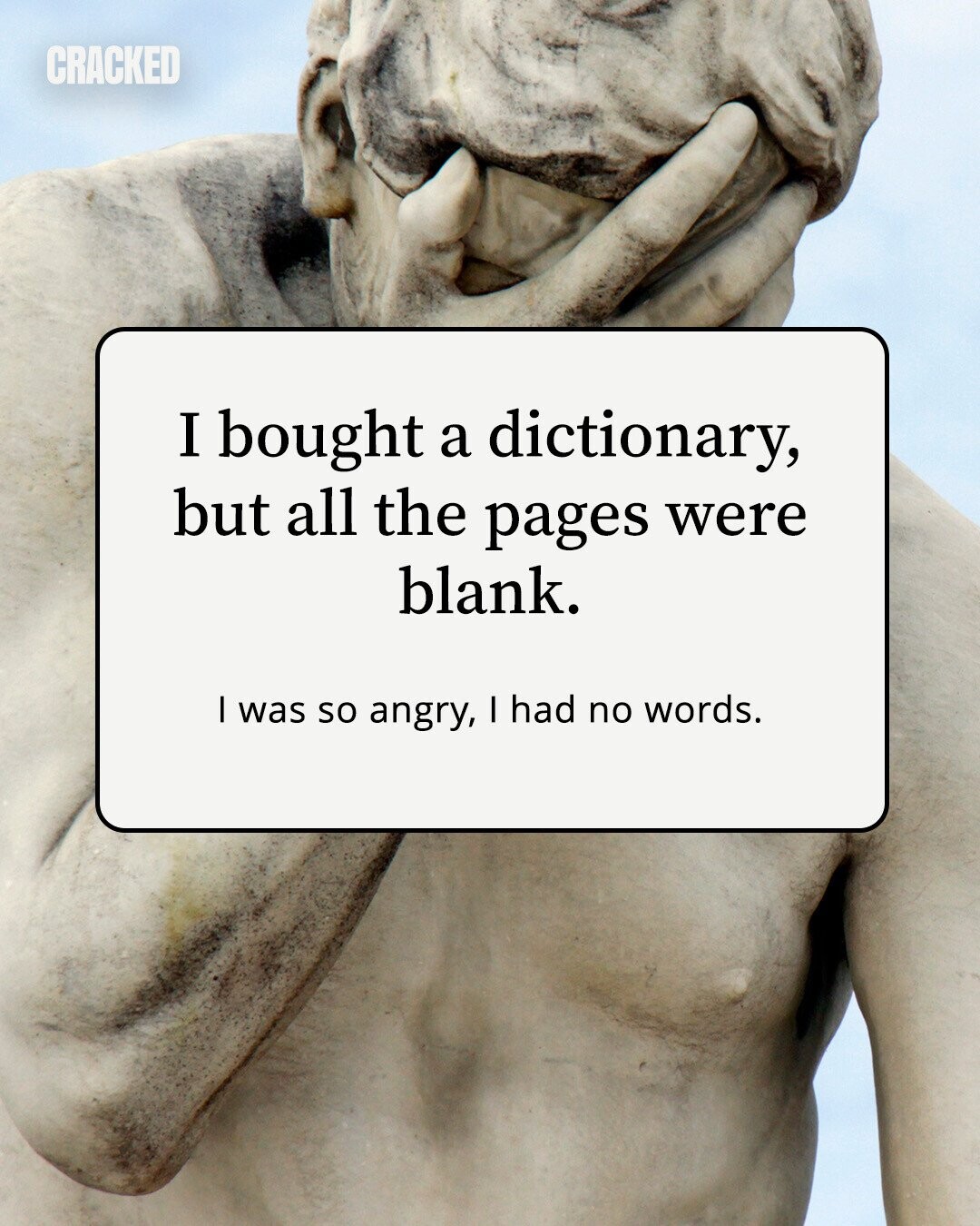 CRACKED I bought a dictionary, but all the pages were blank. I was so angry, I had no words. 