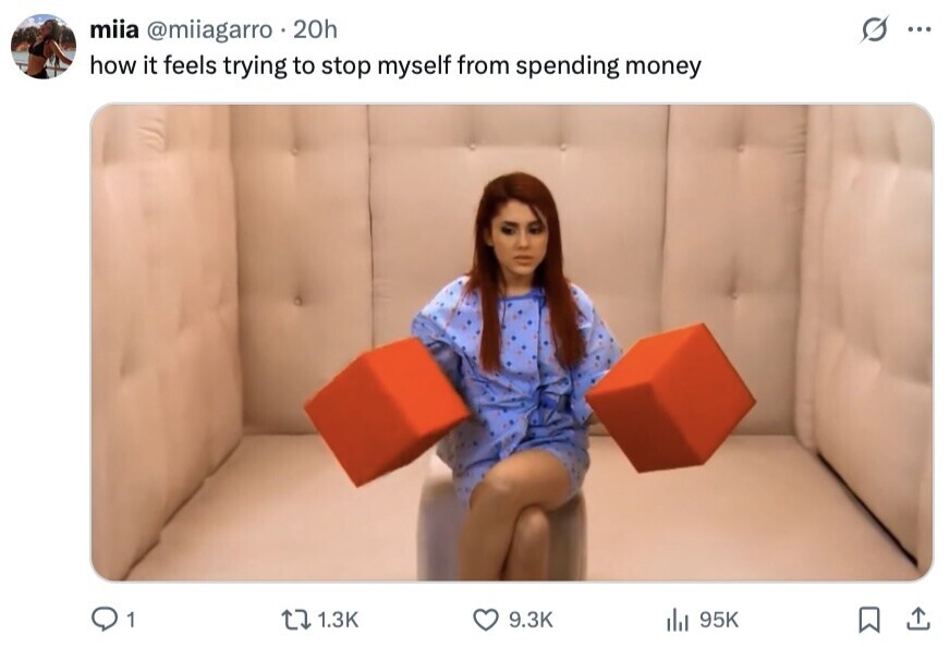 miia @miiagarro 20h ... how it feels trying to stop myself from spending money 1 1.3K 9.3K del 95K