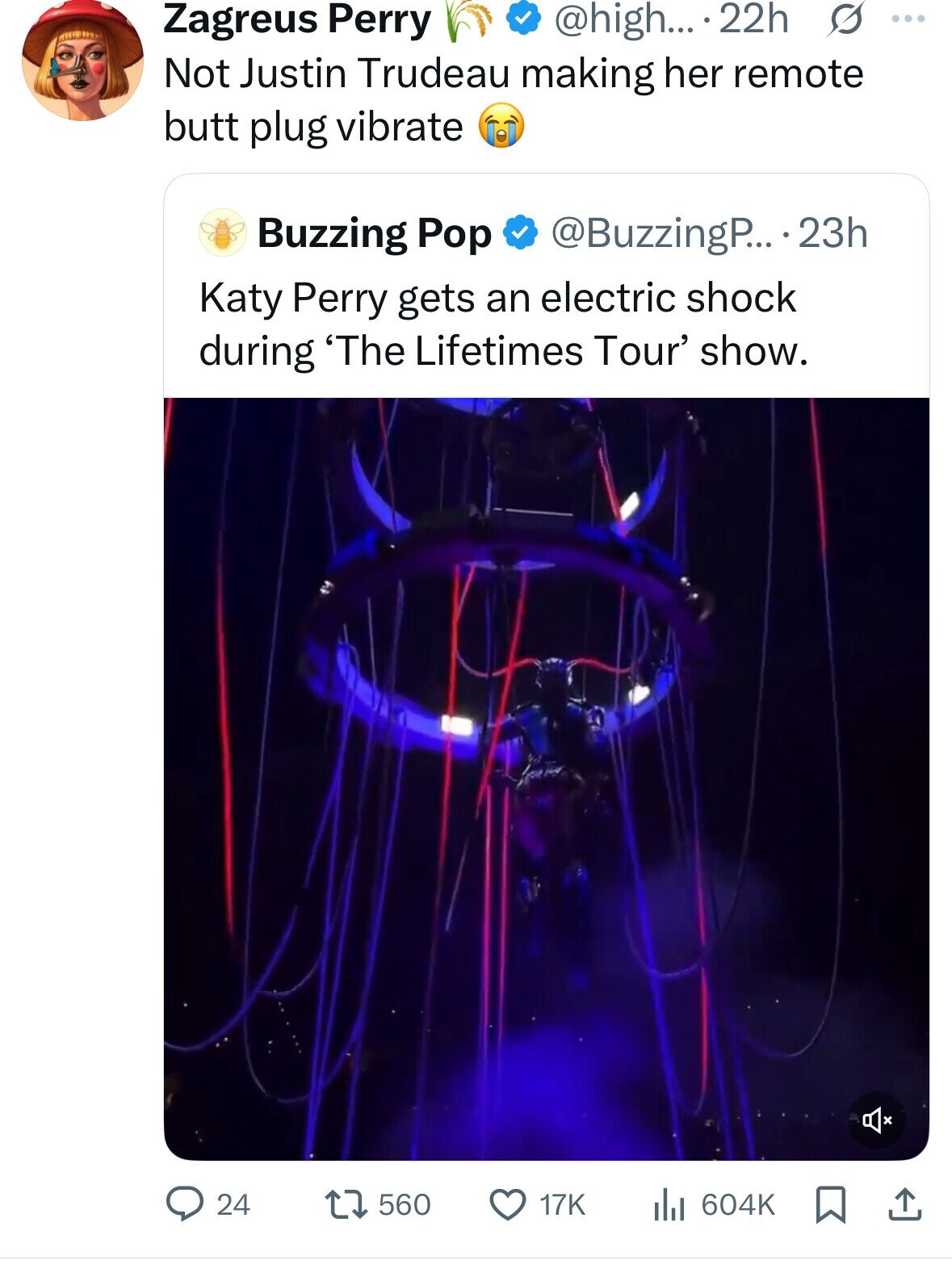 Zagreus Perry @high... 22h S ... Not Justin Trudeau making her remote butt plug vibrate Buzzing Pop @BuzzingP... 23h Katy Perry gets an electric shock during 'The Lifetimes Tour' show. 24 560 17K 604K 