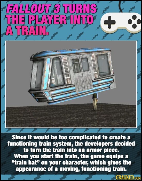 FALLOUT 3 TURNS THE PLAYER INTO + A TRAIN. Since it would be too complicated to create a functioning train system, the developers decided to turn the train into an armor piece. When you start the train, the game equips a train hat on your character, which gives the appearance of a moving, functioning train. GRACKED COM