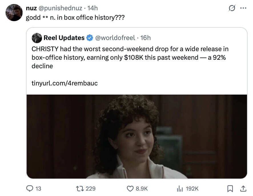nuz @punishednuz 14h O ... godd ** n. in box office history??? Reel Updates @worldofreel . 16h CHRISTY had the worst second-weekend drop for a wide release in box-office history, earning only $108K this past weekend-a 92% decline tinyurl.com/4rembauc 13 229 8.9K 192K 