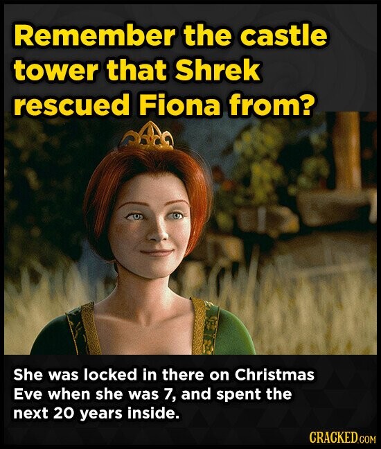 Remember the castle tower that Shrek rescued Fiona from? She was locked in there on Christmas Eve when she was 7, and spent the next 20 years inside. CRACKED.COM