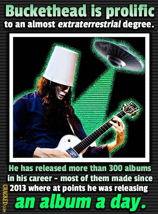 Buckethead is prolific to an almost extraterrestrial degree. Не has released more than 300 albums in his career - most of them made since CRACKED.COM 2013 where at points he was releasing an album a day.