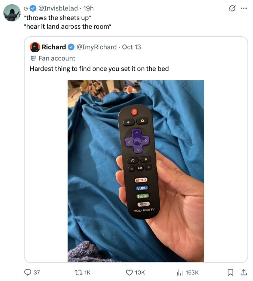 @Invisblelad 19h s ... *throws the sheets up* *hear it land across the room* Richard @ImyRichard Oct 13 Fan account Hardest thing to find once you set it on the bed 2 DI M NETFLIX VUDU hulu ROKU TCL.Roku TV 37 1K 10K 163K 