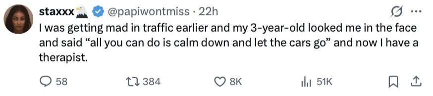 staxxx @papiwontmiss 22h ... I was getting mad in traffic earlier and my 3-year-old looked me in the face and said all you can do is calm down and let the cars go and now I have a therapist. 58 384 8K del 51K